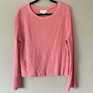 Rachel Parcell Scalloped Hem Knit Linen Blend Ribbed Blouse Womens Large New